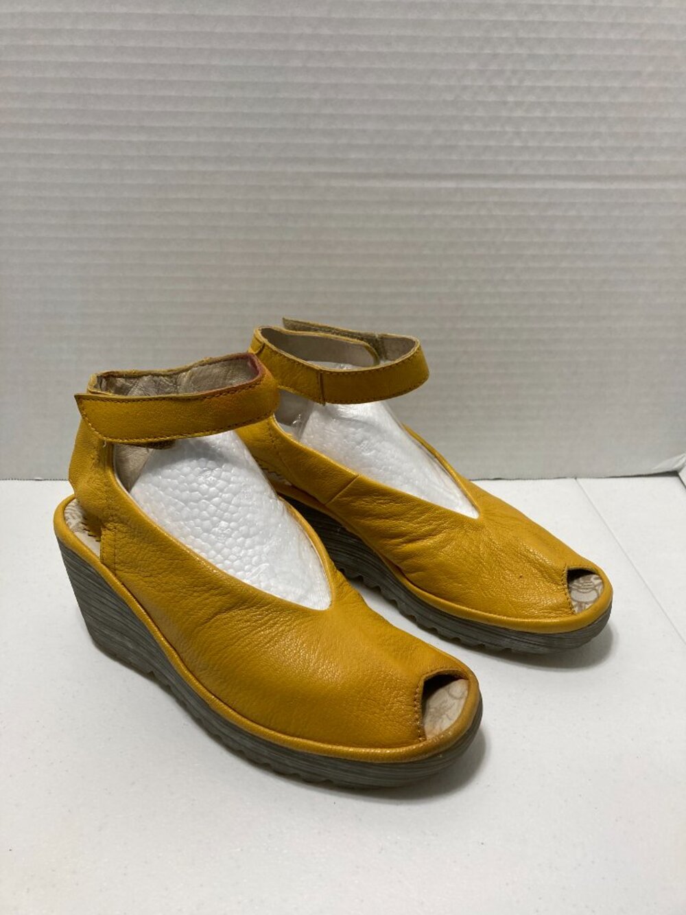 Fly London Yala Wedge Sandals Yellow Leather Peep Toe Ankle Strap Size 36 - Picture 1 of 14